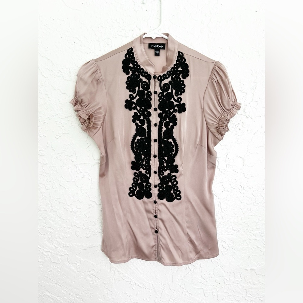 Bebe Vintage Y2K Embroidered Silk Babydoll Shirt Womens Small Whimsigoth